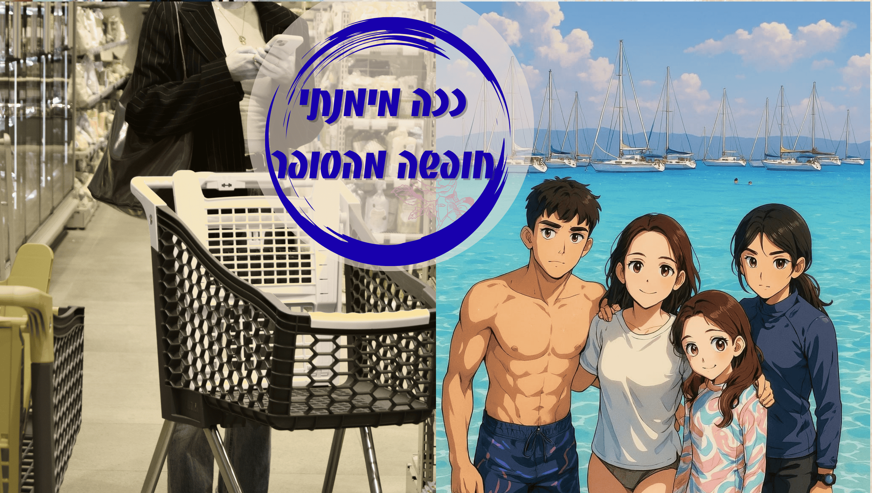 • אישה בודקת רשימת קניות בסופר • מדפי סופרמרקט עם שלט "מבצע" • אמא וילדים עושים קניות • עגלת סופר חצי מלאה • מחברת תקציב פתוחה עם עט