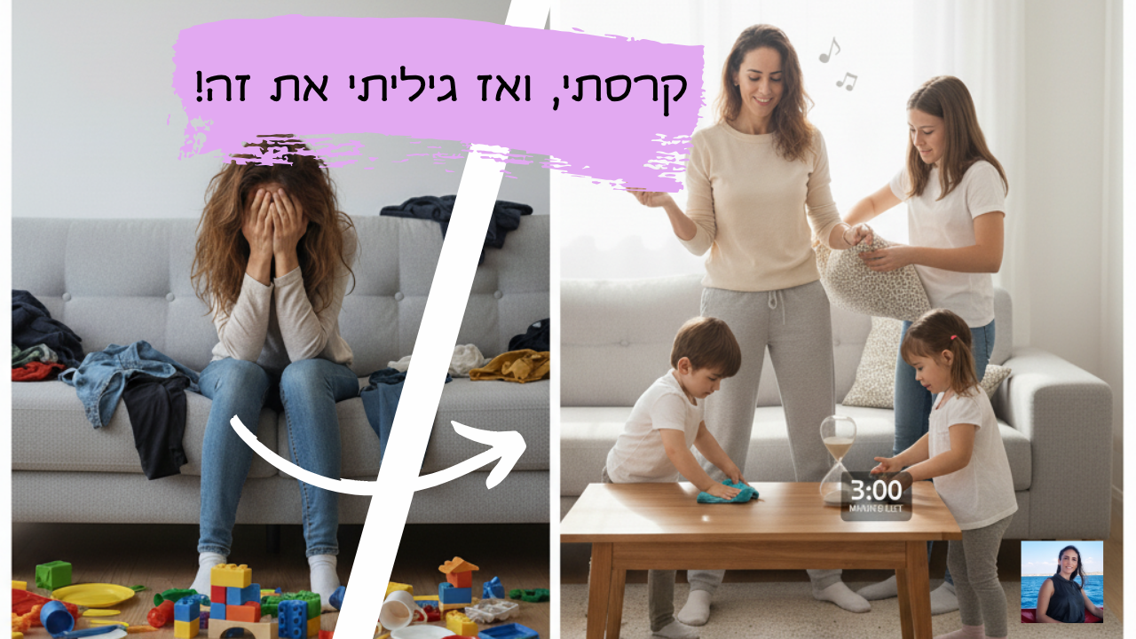 • אמא וילדים מסדרים את הבית יחד • טיימר על שולחן מטבח עם צעצועים מסביב • מוזיקה ברקע בזמן סידור הבית • אמא מחייכת כשכולם מסדרים את הבית